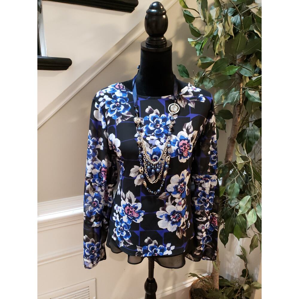 Cato Blouse Womens Large Black Blue Floral Long Sleeve Chiffon Lined Top